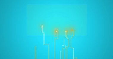 Devre çizgileri, teknoloji tıbbi ve metin ekran kavramı: Sarı devre çizgileri, parlak açık mavi arkaplan üzerine VACCINE SEARCH metni ile dikdörtgen biçiminde bir ekrana hareket ediyor