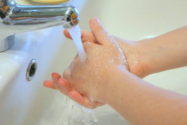 Handen Regelmatig Met Water Ontsmettende Zeep Coronavirus Voorkomen Wrijf Handpalmen — Stockfoto