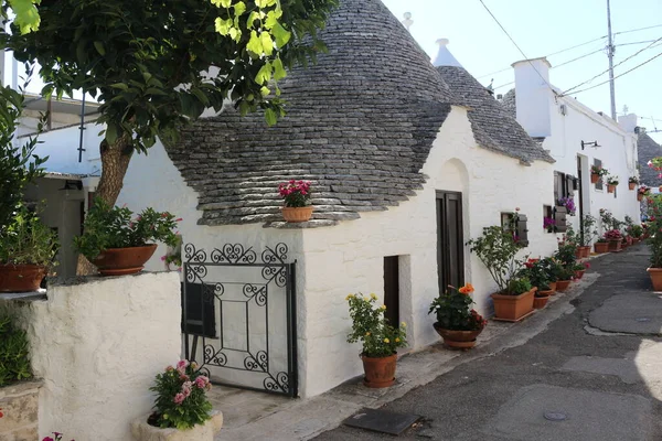 意大利普列亚阿尔韦诺韦略的特鲁利 Trulli Alberobello Puglia Italy 是一种在普列亚中南部传统干石上建造的锥形建筑 土拨鼠一般是作为农村的临时住所或农民的永久住所建造的 — 图库照片