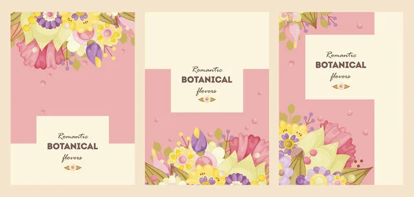 Delicate pastel flowers pink, yellow, purple. Templates can be used as floral frames for invitations, cards, stickers, discount cards, sales, for printing on paper and fabric.