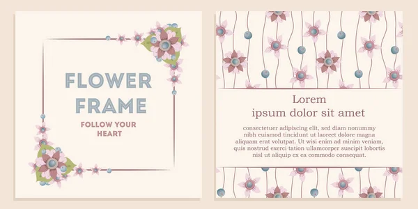 结婚纪念日 生日和派对的一套矢量花框 邀请函 剪贴簿 折扣卡的设计 印刷产品 具有红色 淡紫色 绿色花色的抽象花朵 — 图库矢量图片