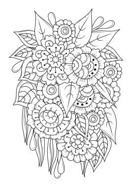 Çocuklar ve yetişkinler için boyama kitabı. Siyah ve beyaz çiçek desenleri. Kına dövmesi ya da çizim. Stres önleyici, hobi.