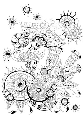 Yetişkinler ve büyük çocuklar için boyama kitabı. Çiçek boyama sayfası. Bir boyama kitabı için siyah ve beyaz vektör çizimi.