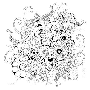  El çizimi arka plan. Boyama kitabı, yetişkin ve büyük çocuklar için sayfa. Siyah ve beyaz soyut çiçek desenleri. Vektör çizimi. Meditasyon için tasarım.