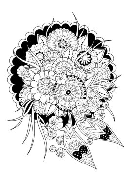  El çizimi arka plan. Boyama kitabı, yetişkin ve büyük çocuklar için sayfa. Siyah ve beyaz soyut çiçek desenleri. Vektör çizimi. Meditasyon için tasarım.