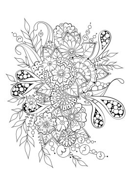  El çizimi arka plan. Boyama kitabı, yetişkin ve büyük çocuklar için sayfa. Siyah ve beyaz soyut çiçek desenleri. Vektör çizimi. Meditasyon için tasarım.