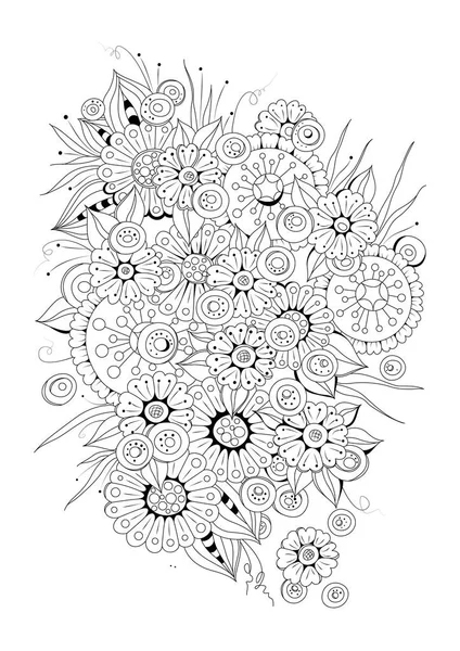 手描きの背景 ぬりえ本 大人と高齢者の子供のためのページ 黒と白の抽象的な花模様 ベクトルイラスト 瞑想のためのデザイン — ストックベクタ