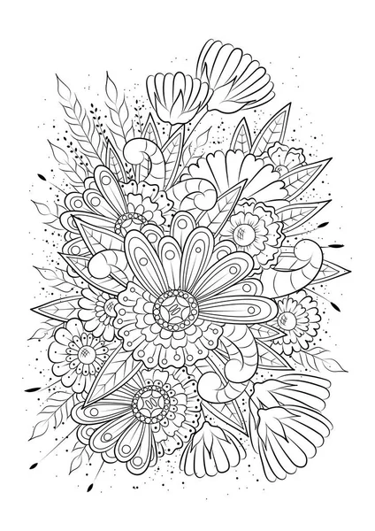  El çizimi arka plan. Boyama kitabı, yetişkin ve büyük çocuklar için sayfa. Siyah ve beyaz soyut çiçek desenleri. Vektör çizimi. Meditasyon için tasarım.