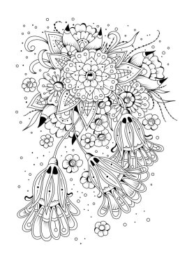  El çizimi arka plan. Boyama kitabı, yetişkin ve büyük çocuklar için sayfa. Siyah ve beyaz soyut çiçek desenleri. Vektör çizimi. Meditasyon için tasarım.
