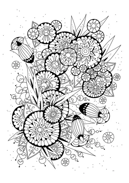  El çizimi arka plan. Boyama kitabı, yetişkin ve büyük çocuklar için sayfa. Siyah ve beyaz soyut çiçek desenleri. Vektör çizimi. Meditasyon için tasarım.