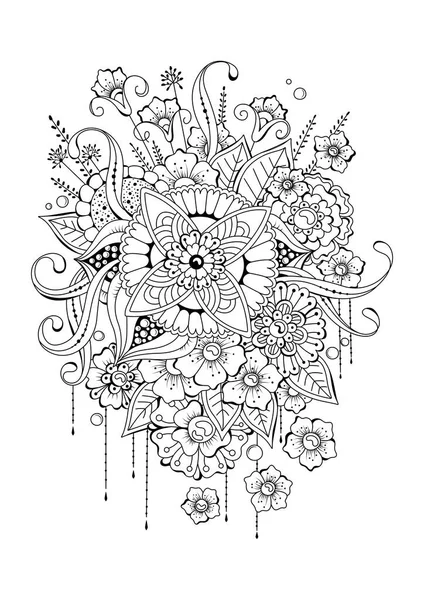  El çizimi arka plan. Boyama kitabı, yetişkin ve büyük çocuklar için sayfa. Siyah ve beyaz soyut çiçek desenleri. Vektör çizimi. Meditasyon için tasarım.
