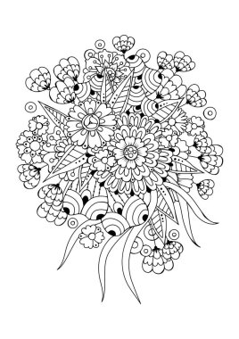 El çizimi arka plan. Boyama kitabı, yetişkin ve büyük çocuklar için sayfa. Siyah ve beyaz soyut çiçek desenleri. Vektör çizimi. Meditasyon için tasarım.