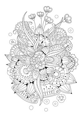 El çizimi arka plan. Boyama kitabı, yetişkin ve büyük çocuklar için sayfa. Siyah ve beyaz soyut çiçek desenleri. Vektör çizimi. Meditasyon için tasarım.