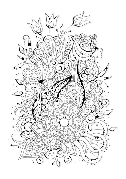 Ручной рисунок. Книга-раскраска, страница для взрослых и старших детей. Черно-белый абстрактный цветочный узор. Векторная иллюстрация. Дизайн для медитации.