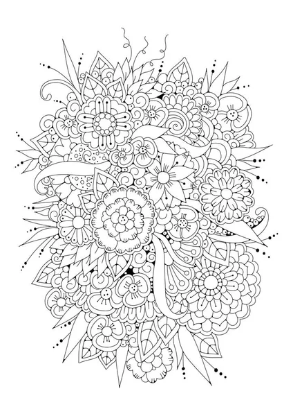 El çizimi arka plan. Boyama kitabı, yetişkin ve büyük çocuklar için sayfa. Siyah ve beyaz soyut çiçek desenleri. Vektör çizimi. Meditasyon için tasarım.
