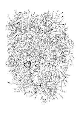 El çizimi arka plan. Boyama kitabı, yetişkin ve büyük çocuklar için sayfa. Siyah ve beyaz soyut çiçek desenleri. Vektör çizimi. Meditasyon için tasarım.