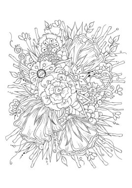  El çizimi arka plan. Boyama kitabı, yetişkin ve büyük çocuklar için sayfa. Siyah ve beyaz soyut çiçek desenleri. Vektör çizimi. Meditasyon için tasarım.