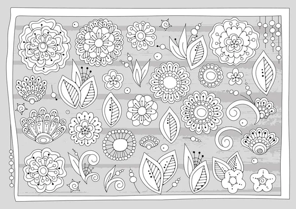 Illustrations Vectorielles Ensemble Éléments Floraux Noir Blanc Dans Cadre Sur — Image vectorielle