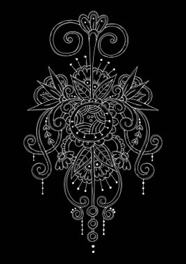 Soyut siyah-beyaz çiçek süsü. Dövme, çizim kına, tasarım, kumaş baskısı için kullanılabilir. Çocuklar ve yetişkinler için boyama sayfası.