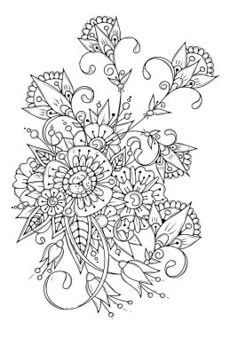 El çizimi arka plan. Boyama kitabı, yetişkin ve büyük çocuklar için sayfa. Siyah ve beyaz soyut çiçek desenleri. Vektör çizimi. Meditasyon için tasarım.