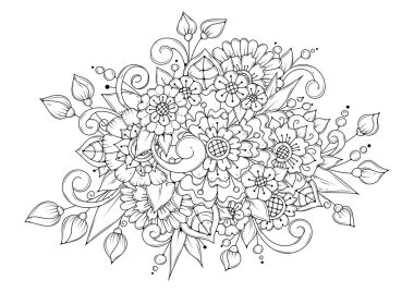 El çizimi arka plan. Boyama kitabı, yetişkin ve büyük çocuklar için sayfa. Siyah ve beyaz soyut çiçek desenleri. Vektör çizimi. Meditasyon için tasarım.