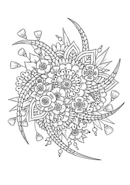 El çizimi arka plan. Boyama kitabı, yetişkin ve büyük çocuklar için sayfa. Siyah ve beyaz soyut çiçek desenleri. Vektör çizimi. Meditasyon için tasarım.