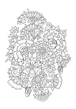 El çizimi arka plan. Boyama kitabı, yetişkin ve büyük çocuklar için sayfa. Siyah ve beyaz soyut çiçek desenleri. Vektör çizimi. Meditasyon için tasarım.