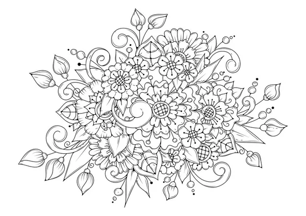 El çizimi arka plan. Boyama kitabı, yetişkin ve büyük çocuklar için sayfa. Siyah ve beyaz soyut çiçek desenleri. Vektör çizimi. Meditasyon için tasarım.