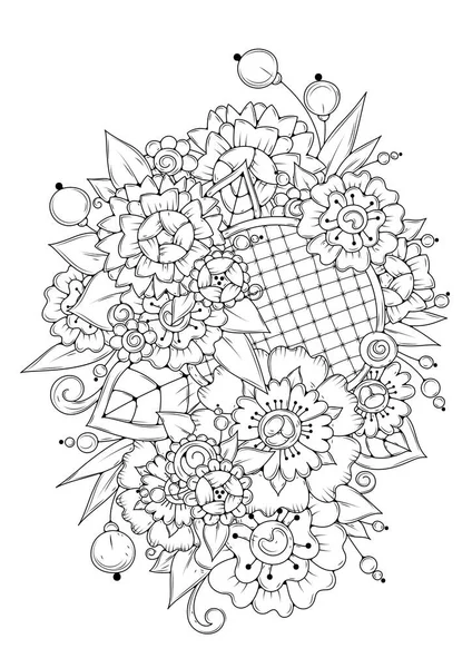 El çizimi arka plan. Boyama kitabı, yetişkin ve büyük çocuklar için sayfa. Siyah ve beyaz soyut çiçek desenleri. Vektör çizimi. Meditasyon için tasarım.