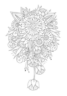 Yetişkin ve büyük çocuklar için isimsiz 1Boyama kitabı sayfası. Siyah ve beyaz soyut çiçek desenleri. Meditasyon için tasarım. Resim kumaş üzerinde tasarım ve yazıcıda kullanılabilir
