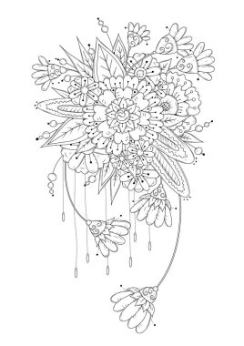 Yetişkin ve büyük çocuklar için isimsiz 1Boyama kitabı sayfası. Siyah ve beyaz soyut çiçek desenleri. Meditasyon için tasarım. Resim kumaş üzerinde tasarım ve yazıcıda kullanılabilir