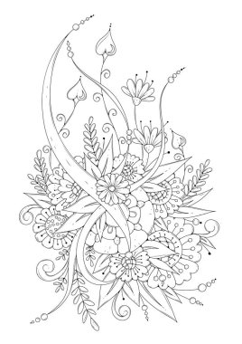 Yetişkin ve büyük çocuklar için boyama kitabı sayfası. Siyah ve beyaz soyut çiçek desenleri. Meditasyon için tasarım. Resim kumaş üzerinde tasarım ve yazıcıda kullanılabilir