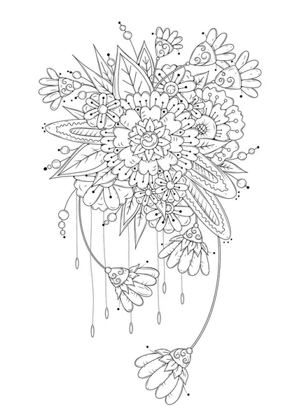 Yetişkin ve büyük çocuklar için isimsiz 1Boyama kitabı sayfası. Siyah ve beyaz soyut çiçek desenleri. Meditasyon için tasarım. Resim kumaş üzerinde tasarım ve yazıcıda kullanılabilir