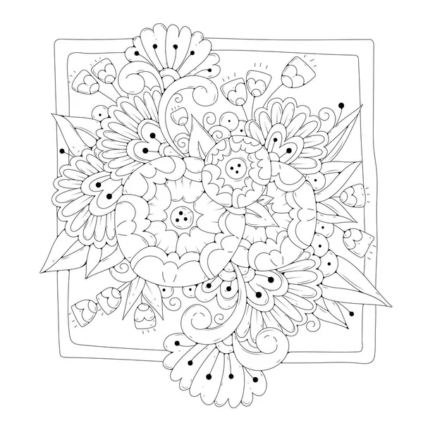 El çizimi arka plan. Boyama kitabı, yetişkin ve büyük çocuklar için sayfa. Siyah ve beyaz soyut çiçek desenleri. Vektör çizimi. Meditasyon için tasarım.