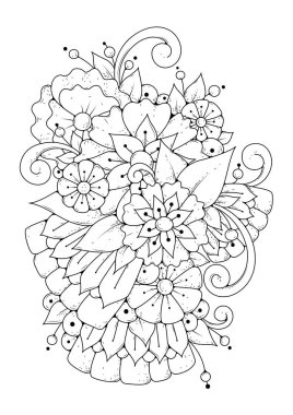 El çizimi arka plan. Boyama kitabı, yetişkin ve büyük çocuklar için sayfa. Siyah ve beyaz soyut çiçek desenleri. Vektör çizimi. Meditasyon için tasarım.
