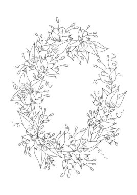 El çizimi arka plan. Boyama kitabı, yetişkin ve büyük çocuklar için sayfa. Siyah ve beyaz soyut çiçek desenleri. Vektör çizimi. Meditasyon için tasarım.