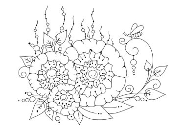 El çizimi arka plan. Boyama kitabı, yetişkin ve büyük çocuklar için sayfa. Siyah ve beyaz soyut çiçek desenleri. Vektör çizimi. Meditasyon için tasarım.