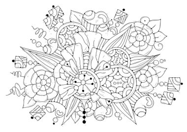 El çizimi arka plan. Boyama kitabı, yetişkin ve büyük çocuklar için sayfa. Siyah ve beyaz soyut çiçek desenleri. Vektör çizimi. Meditasyon için tasarım.