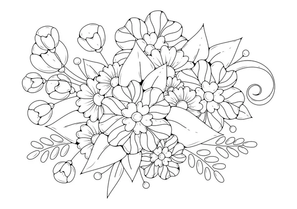 El çizimi arka plan. Boyama kitabı, yetişkin ve büyük çocuklar için sayfa. Siyah ve beyaz soyut çiçek desenleri. Vektör çizimi. Meditasyon için tasarım.