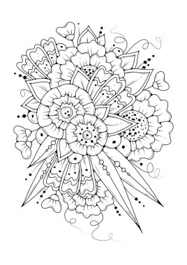 Yetişkin ve büyük çocuklar için boyama kitabı sayfası. Siyah ve beyaz soyut çiçek desenleri. Meditasyon için tasarım. Resim kumaş üzerinde tasarım ve yazıcıda kullanılabilir