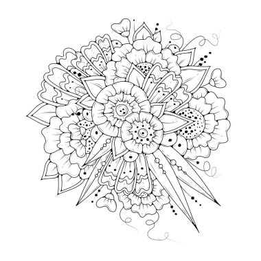 Yetişkin ve büyük çocuklar için boyama kitabı sayfası. Siyah ve beyaz soyut çiçek desenleri. Meditasyon için tasarım. Resim kumaş üzerinde tasarım ve yazıcıda kullanılabilir