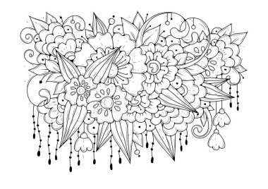 Yetişkin ve büyük çocuklar için boyama kitabı sayfası. Siyah ve beyaz soyut çiçek desenleri. Meditasyon için tasarım. Resim kumaş üzerinde tasarım ve yazıcıda kullanılabilir