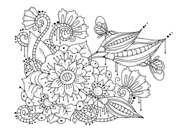 Yetişkin ve büyük çocuklar için boyama kitabı sayfası. Siyah ve beyaz soyut çiçek desenleri. Meditasyon için tasarım. Resim kumaş üzerinde tasarım ve yazıcıda kullanılabilir