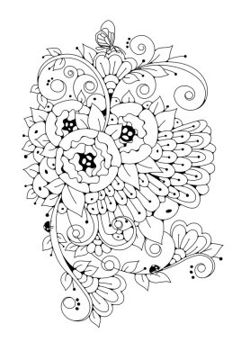 Yetişkin ve büyük çocuklar için boyama kitabı sayfası. Siyah ve beyaz soyut çiçek desenleri. Meditasyon için tasarım. Resim kumaş üzerinde tasarım ve yazıcıda kullanılabilir
