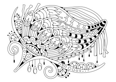 El çizimi arka plan. Boyama kitabı, yetişkin ve büyük çocuklar için sayfa. Siyah ve beyaz soyut çiçek desenleri. Vektör çizimi. Meditasyon için tasarım.