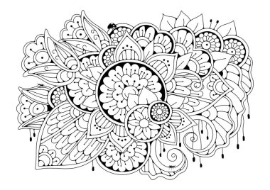 El çizimi arka plan. Boyama kitabı, yetişkin ve büyük çocuklar için sayfa. Siyah ve beyaz soyut çiçek desenleri. Vektör çizimi. Meditasyon için tasarım.