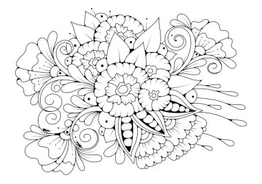 El çizimi arka plan. Boyama kitabı, yetişkin ve büyük çocuklar için sayfa. Siyah ve beyaz soyut çiçek desenleri. Vektör çizimi. Meditasyon için tasarım.