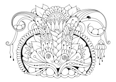 El çizimi arka plan. Boyama kitabı, yetişkin ve büyük çocuklar için sayfa. Siyah ve beyaz soyut çiçek desenleri. Vektör çizimi. Meditasyon için tasarım.