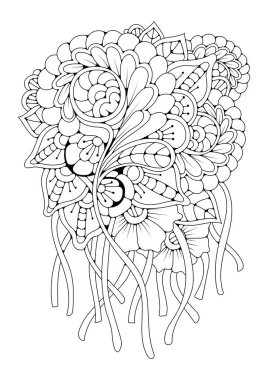 El çizimi arka plan. Boyama kitabı, yetişkin ve büyük çocuklar için sayfa. Siyah ve beyaz soyut çiçek desenleri. Vektör çizimi. Meditasyon için tasarım.