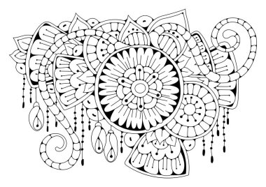 El çizimi arka plan. Boyama kitabı, yetişkin ve büyük çocuklar için sayfa. Siyah ve beyaz soyut çiçek desenleri. Vektör çizimi. Meditasyon için tasarım.